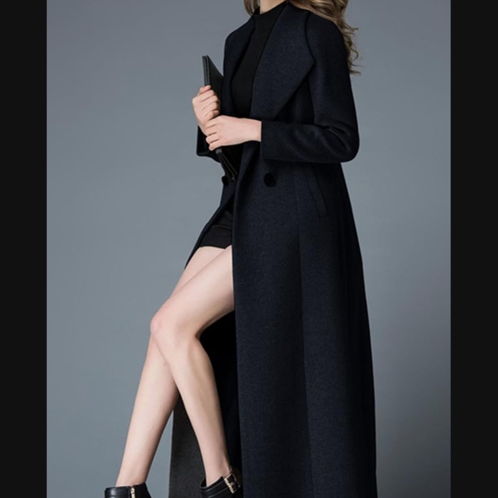 Wool /Cashmere Blend Extra Long Trench Coat, Black